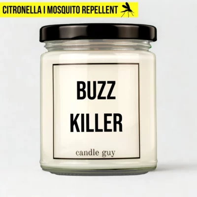 Citronella candle with the quote “Buzz Killer” in a white jar with black lid – studio shot
