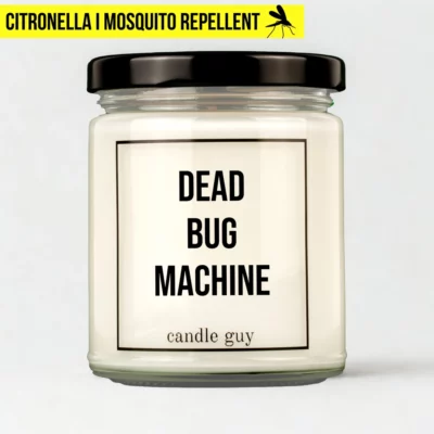 Citronella candle with the quote “Dead Bug Machine” in a white jar with black lid – studio shot