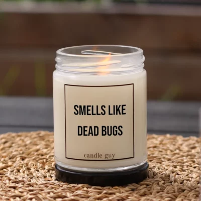 Burning anti-mosquito candle with the quote “Smells Like Dead Bugs” in a white jar in a cozy setting