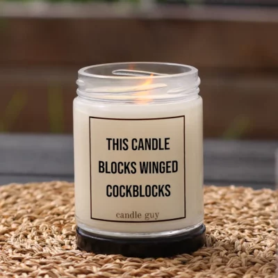 Burning anti-mosquito candle with the quote “This candle blocks winged cockblocks” in a white jar in a cozy setting