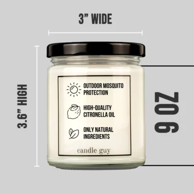 Product view of the Candle Guy citronella candle with the quote “Bonfire for singles.” – white jar, black lid, natural ingredients