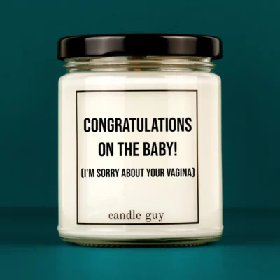 Discover our bestselling quote candle: "Congratulations on the Baby!" – handcrafted with love and 100% soy wax. A true original by candle guy.
