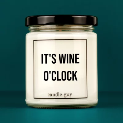 Discover our bestselling quote candle: "It's wine o'clock" – handcrafted with love and 100% soy wax. A true original by candle guy.
