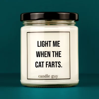 Discover our bestselling quote candle: "Light me when the cat farts." – handcrafted with love and 100% soy wax. A true original by candle guy.
