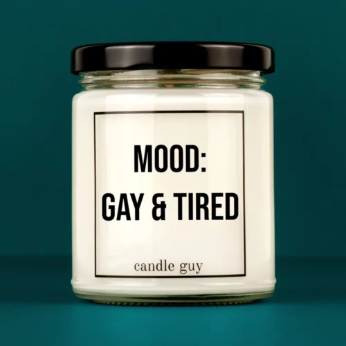 Discover our bestselling quote candle: "Mood: gay & tired" – handcrafted with love and 100% soy wax. A true original by candle guy.
