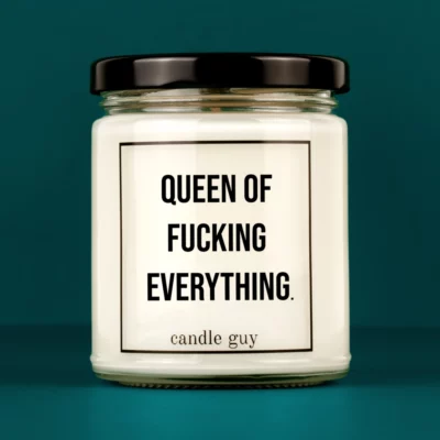 Discover our bestselling quote candle: "Queen of fucking everything" – handcrafted with love and 100% soy wax. A true original by candle guy.