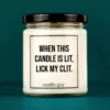 Discover our bestselling quote candle: "When this candle is lit lick my clit." – handcrafted with love and 100% soy wax. A true original by candle guy.